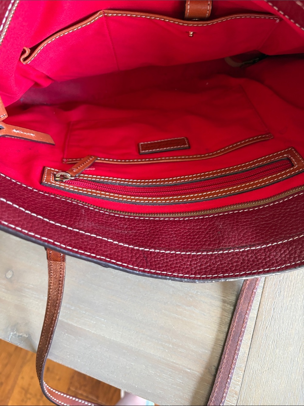 Dooney & Bourke Red Burgundy Pebbled Leather Tote with Brown Straps - Picture 5 of 5